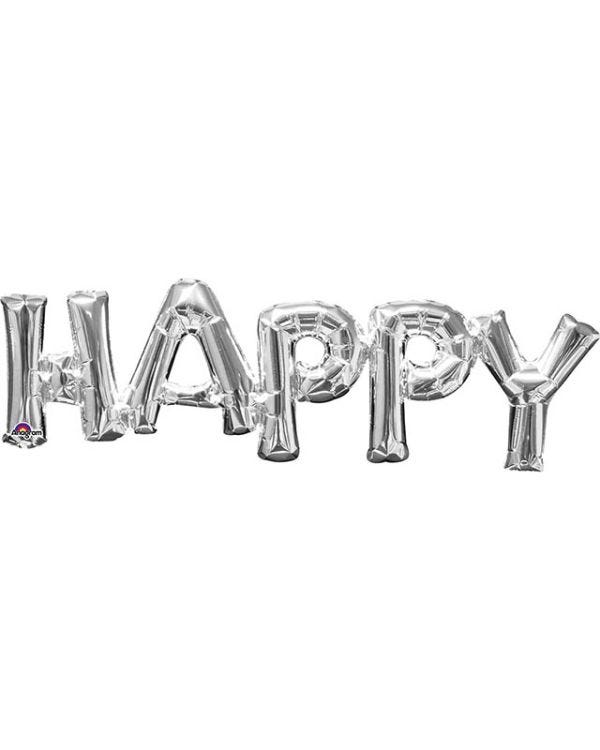 Silver &#039;HAPPY&#039; Phrase Foil Balloon - 30&quot; x 10&quot;