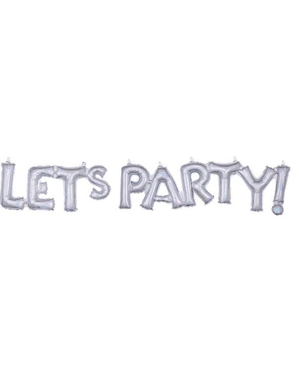 &quot;Let&#039;s Party&quot; Silver Holographic Phrase Balloon - 21&quot; x 33&quot; Foil