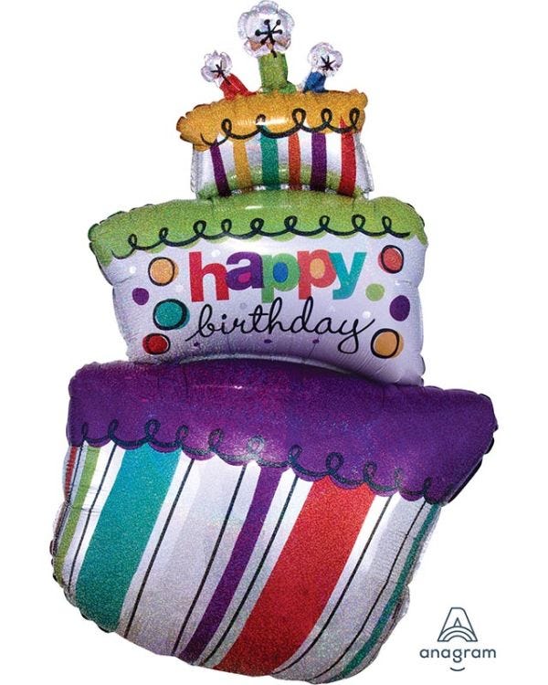 Funky Birthday Cake Holographic Supershape Balloon - 24&quot; x 37&quot; Foil