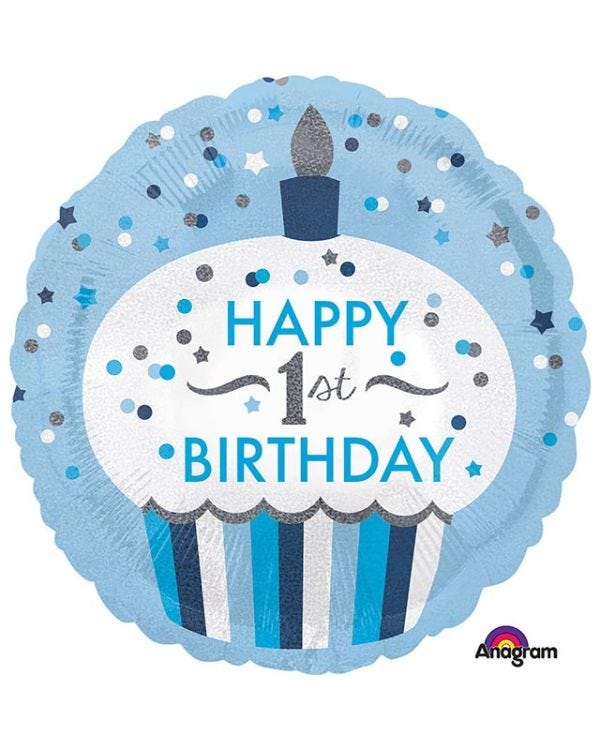 1st Birthday Cupcake Boy Balloon - 18&quot; Foil