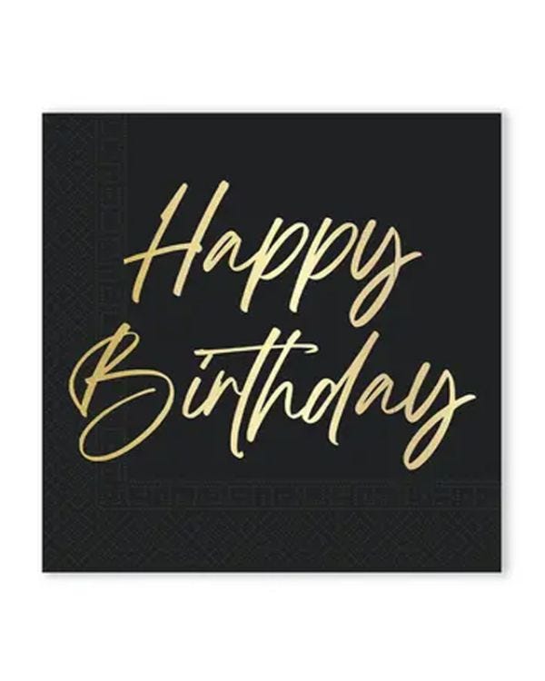 Black &amp; Gold Happy Birthday Paper Napkins - 33cm (20pk)