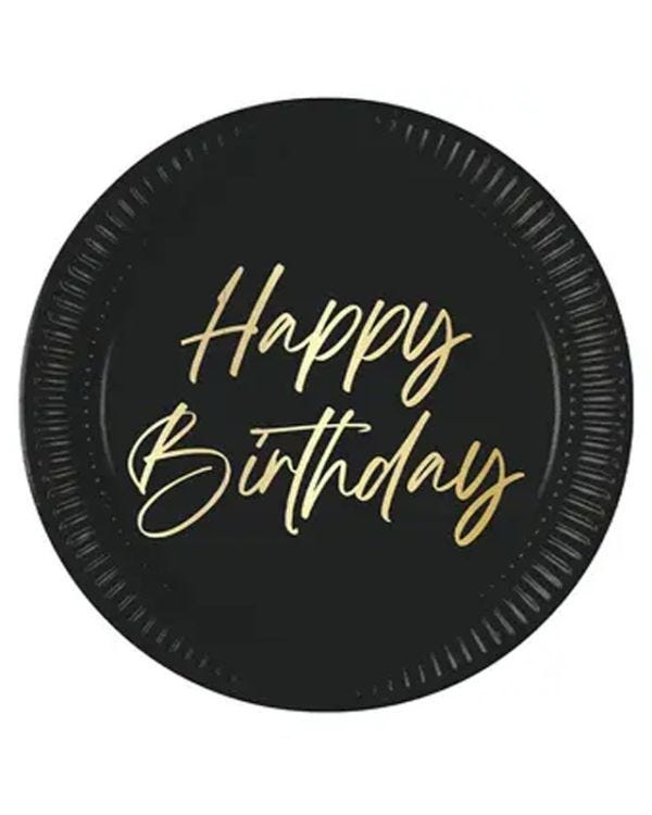 Black &amp; Gold Happy Birthday Paper Plates - 23cm (8pk)