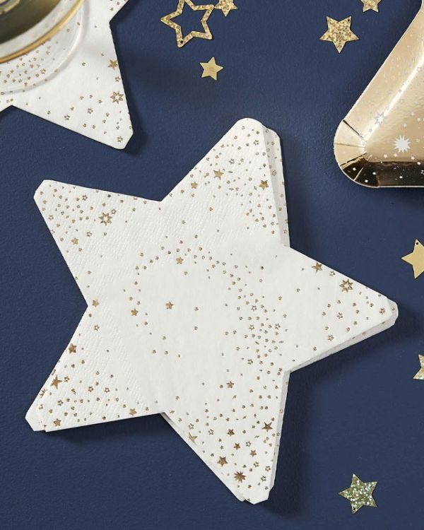 Gold Glitter Foiled Star Shaped Paper Napkins - 16.5cm