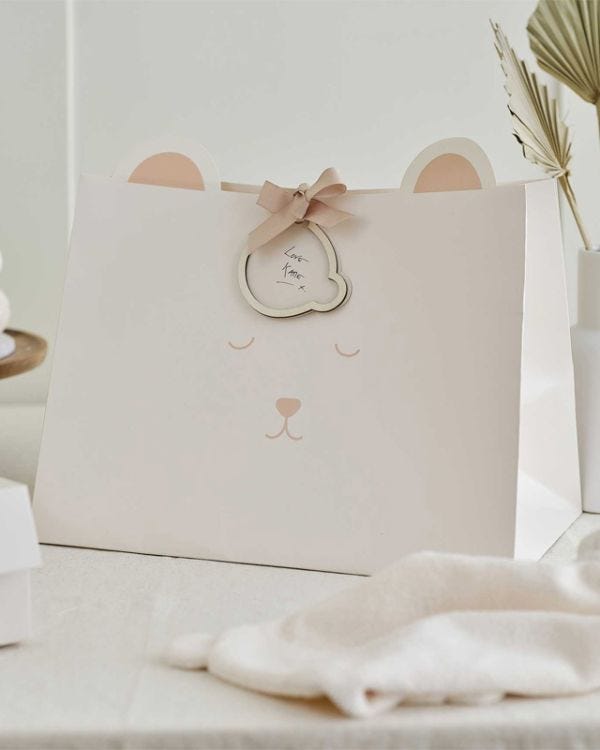 Teddy Bear Baby Shower Gift Bag with Wooden Tag and Ribbon - 27.5cm x 36.3cm