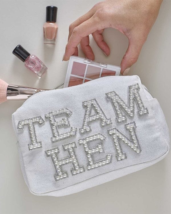 Embellished Pearl &#039;Team Hen&#039; Makeup Bag - 20cm x 12cm