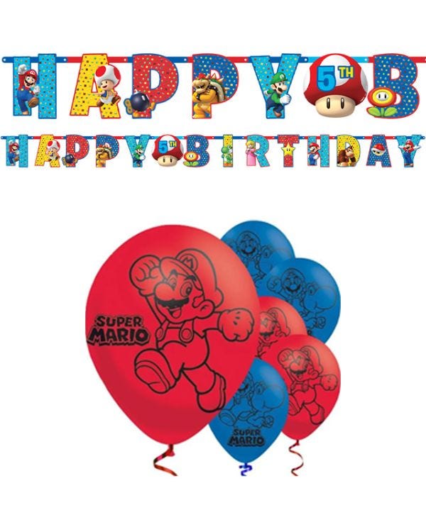 Super Mario Birthday Banner &amp; Balloons Kit
