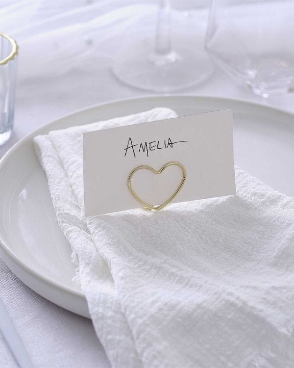 Gold Metal Heart Wedding Place Card Holders with Texture Cards - 5cm x 9cm (6pk)