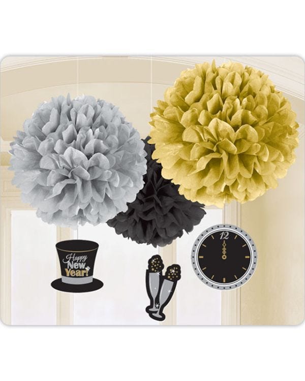 Metallic New Year&#039;s Eve Pom Pom Decorations - 40cm (3pk)
