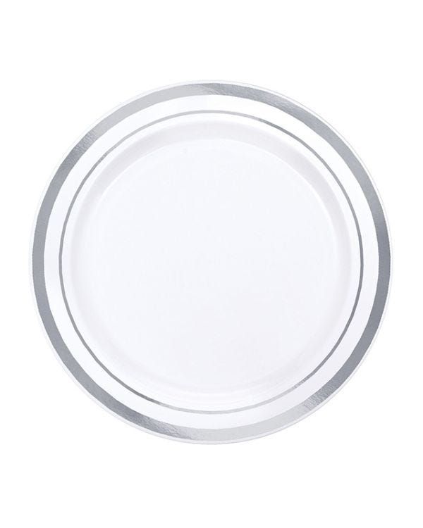 White with Silver Trim Plastic Plates - 16cm