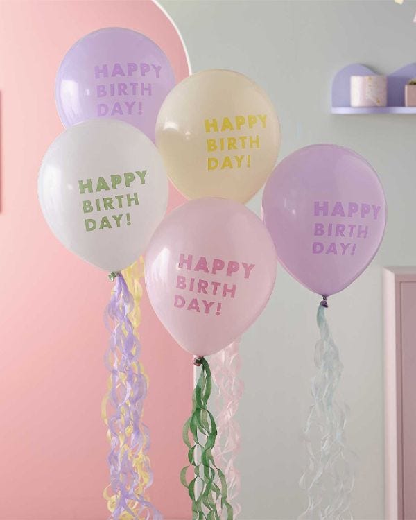Pastel Wave &#039;Happy Birthday&#039; Balloons with Tissue Paper Tails - 12&quot; Latex (5pk)