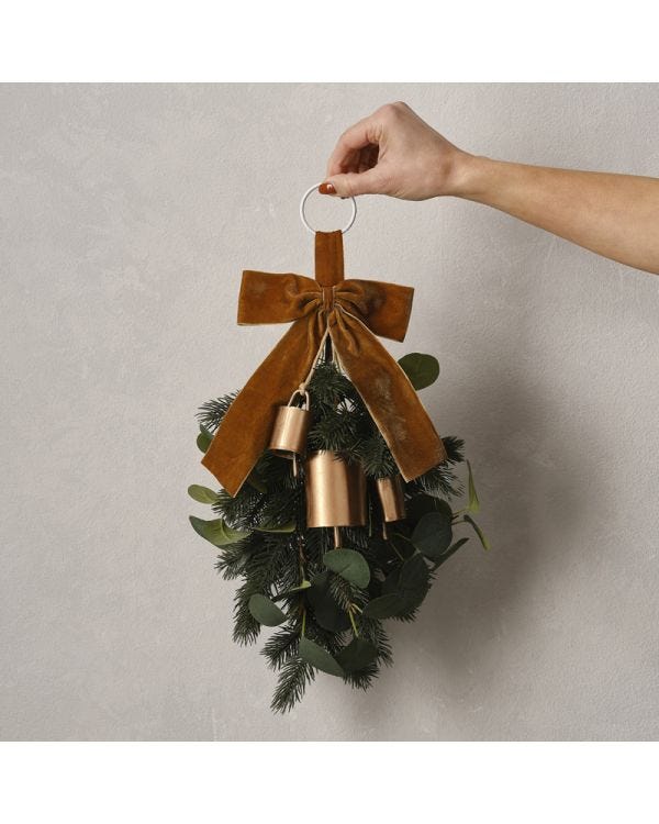 Green Foliage Swag with Bells and Velvet Ribbon
