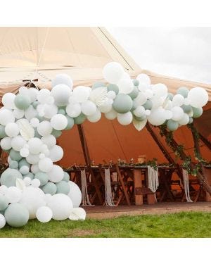 White &amp; Sage Balloon Arch with White Fans - 200 Balloons