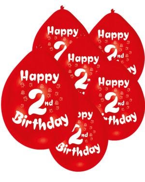 Assorted Multicolour Happy 2nd Birthday - 9&quot; Latex Balloons (10pk)