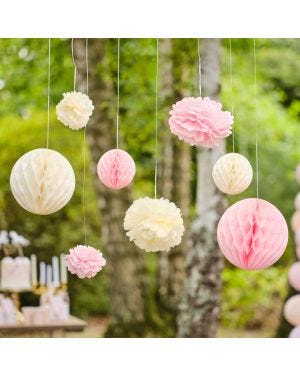 Pom Pom &amp; Honeycomb Paper Hanging Decorations (8pk)