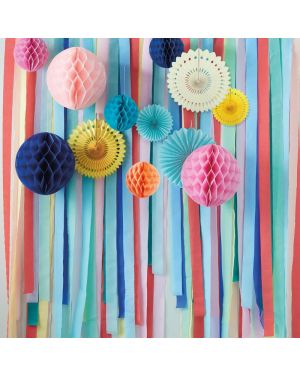 Multicoloured Streamer Backdrop with Honeycombs &amp; Fans