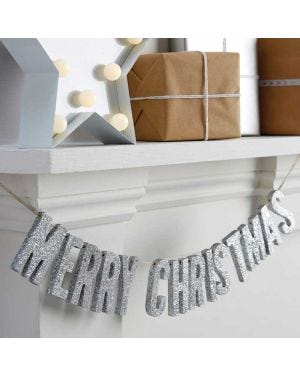 Silver Glitter Merry Christmas Wooden Bunting - 70cm