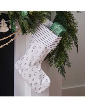 Grey Tree and Stripe Printed Christmas Stocking - 45cm