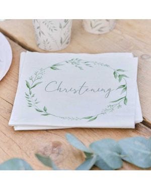 White &amp; Green Botanical Christening Paper Napkins - 33cm (16pk)