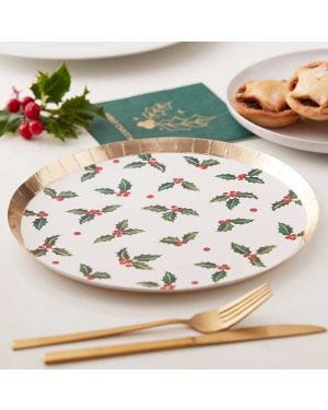 Gold Foiled Holly Leaf Paper Plates - 24cm (8pk)