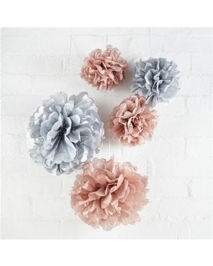 Rose Gold &amp; Grey Paper Pom Pom Decorations (5pk)