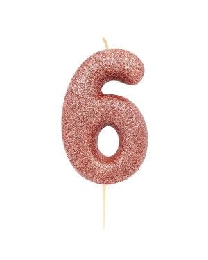 Rose Gold Glitter Number 6 Candle - 7cm