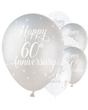 Silver &amp; Ivory 60th Anniversary Balloons - 12&quot; Latex (5pk)