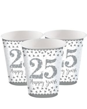 25th Silver Sparkling Wedding Anniversary Cups - 266ml Paper Party Cups (8pk)