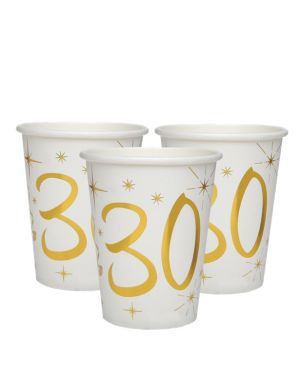 White &amp; Gold Sparkle 30th Paper Cups - 270ml (10pk)
