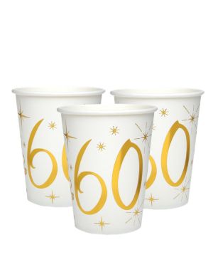 White &amp; Gold Sparkle 60th Paper Cups - 270ml (10pk)