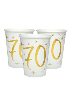 White &amp; Gold Sparkle 70th Paper Cups - 270ml (10pk)