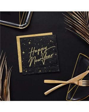 Happy New Year Black Metallic Napkins - 33cm (20pk)