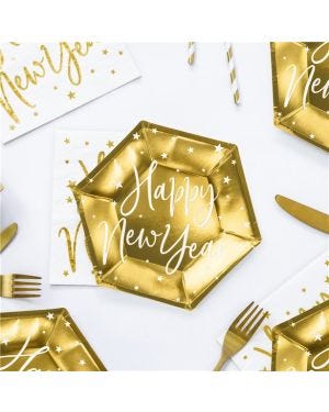 Happy New Year Metallic Gold Paper Plate - 18cm (6pk)