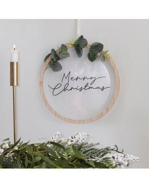 Acrylic Merry Christmas Wooden &amp; Eucalyptus Hoop Wreath - 25cm