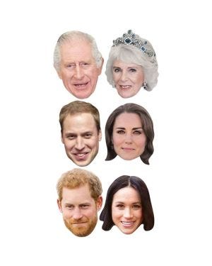 Royals Card Masks King Charles, Camilla, William, Kate, Meghan, Harry (6pk)