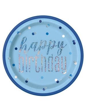 Blue Holographic &#039;Happy Birthday&#039; Paper Plates - 23cm (8pk)