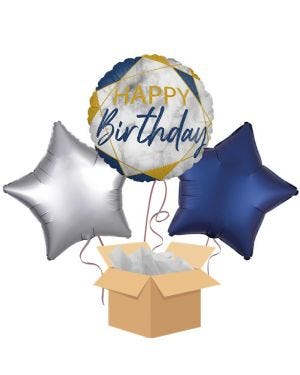 Navy Marble Happy Birthday Balloon Bouquet - Delivered Inflated