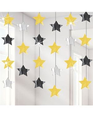 Gold Silver &amp; Black Star Hanging Strings Decoration - 2.1m (6pk)