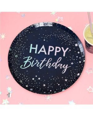 Iridescent Foiled &#039;Happy Birthday&#039; Paper Plates - 24.5cm (8pk)