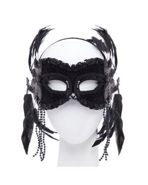 Black Masquerade Mask with Feathers &amp; Beads
