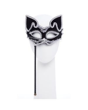 Black Cat Masquerade Mask on Stick