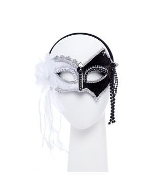 Black &amp; White Masquerade Mask with Feathers &amp; Beads