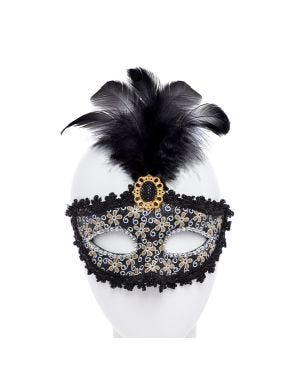 Black Glittery Masquerade Mask with Tall Feather &amp; Gem