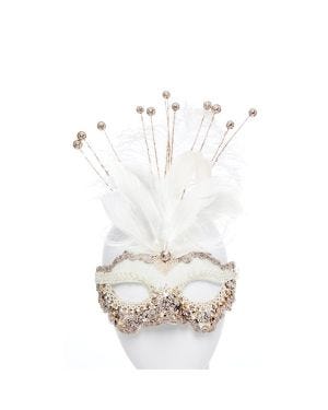 White Masquerade Mask with Sequins, Glitter &amp; Feathers