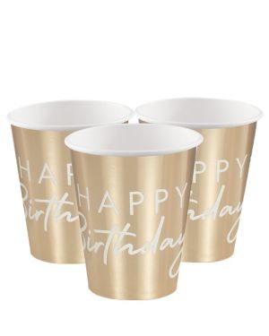 Gold Foil &#039;Happy Birthday&#039; Paper Cups - 255ml (8pk)