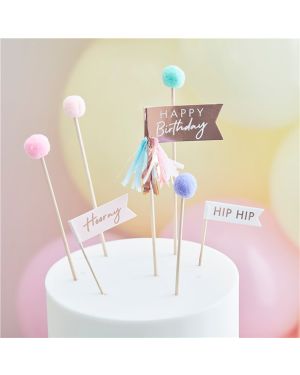 Mix It Up Pom Pom Happy Birthday Cake Toppers