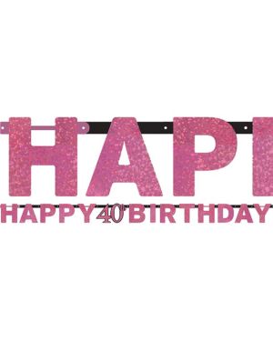 Pink &#039;Happy 40th Birthday&#039; Holographic Paper Letter Banner - 2m