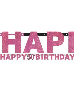 Pink &#039;Happy 50th Birthday&#039; Holographic Paper Letter Banner - 2m