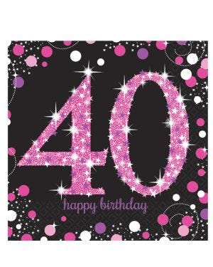 Pink Happy 40th Birthday Paper Napkins - 33cm (16pk)