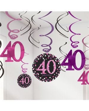 Pink Age 40 Hanging Swirls - 45cm (12pk)