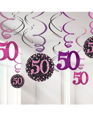 Pink Age 50 Hanging Swirls - 45cm (12pk)